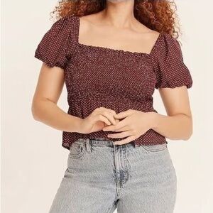 J. Crew Polka-Dot Brown + White Smocked Squareneck Puff Sleeve Cotton Blouse Top